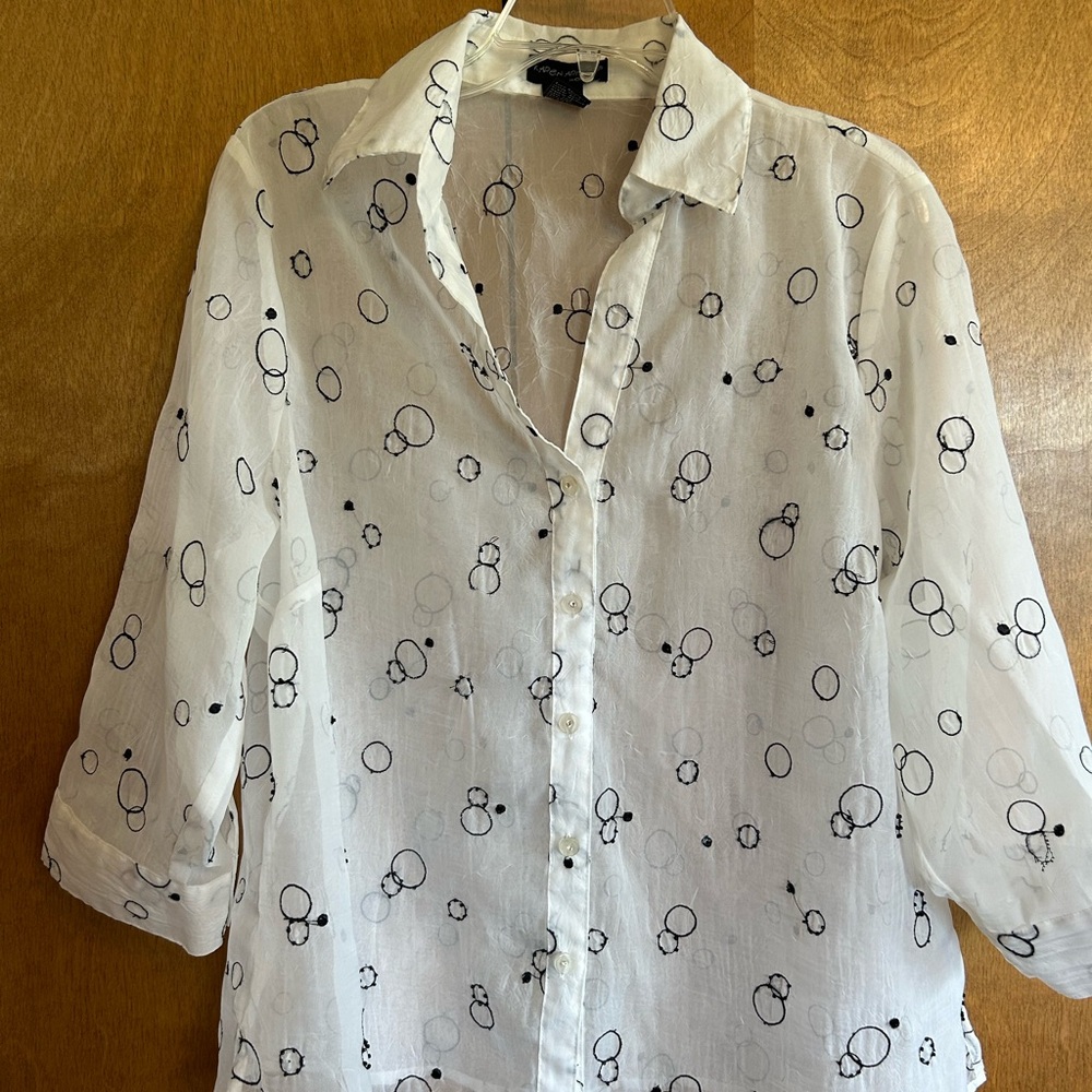 Karen Arnold White Sheer Blouse with Black Circle Bead Pattern Size 1X